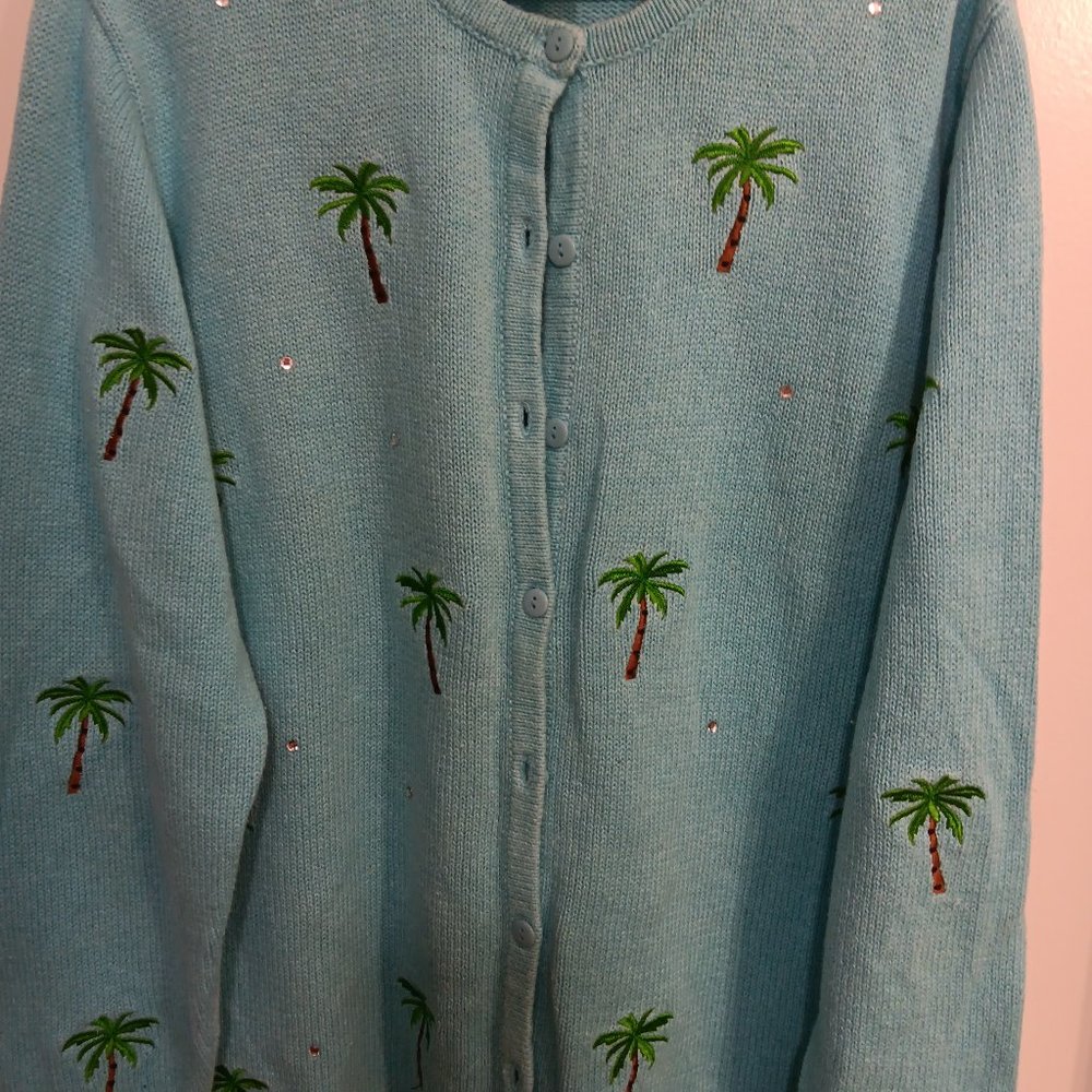 QUACKER FACTORY CARDIGAN PALM TREE SWEATER  SIZE LARGE